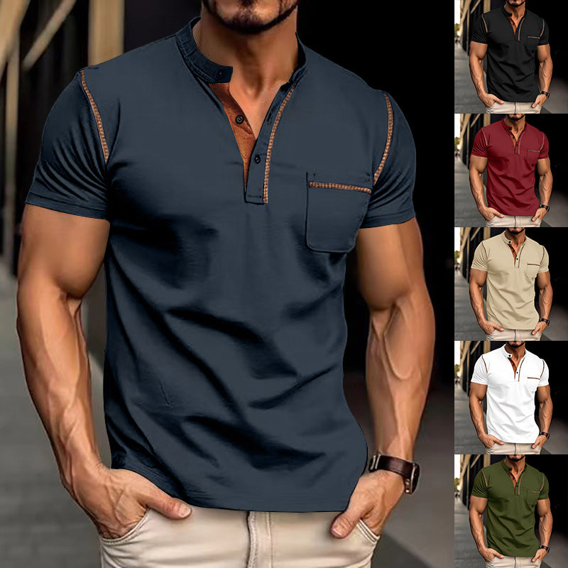Man wearing a navy blue short-sleeve shirt with brown stitching, surrounded by smaller images of the shirt in different colors.