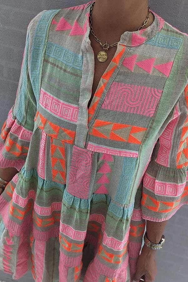 Printed V-Neck Cotton Linen Dress – Autumn Style - ZA-Zola