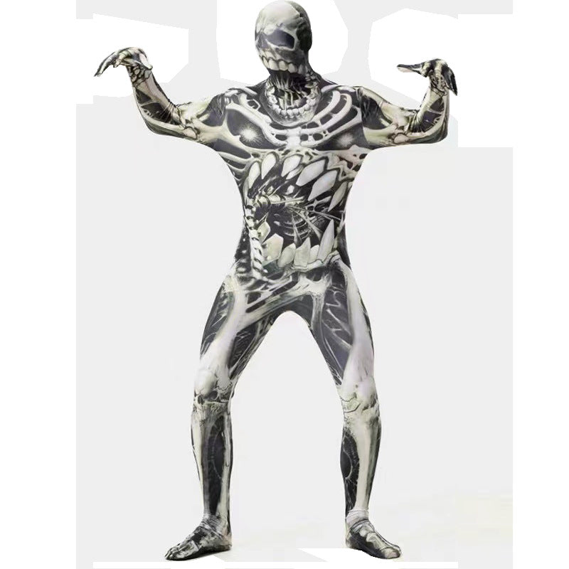 A full-body skeleton-themed zentai costume worn by a model, featuring a black and white skull and bone print, posed against a light gray background.