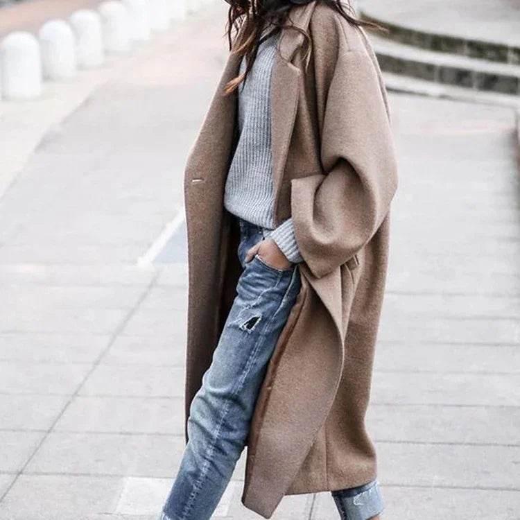 Casual Long Woolen Coat with Pockets – Women's Winter Lapel Jacket - ZA-Zola