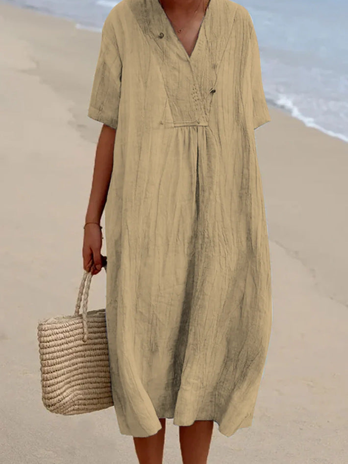 Women Cotton Linen V Neck Solid Color Long Dress Casual Summer Fashion Dress