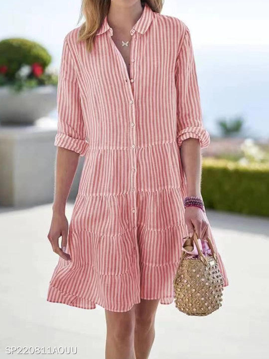Ins Striped Long-sleeved Shirt Dress Fashion Lapel Button Women Dress