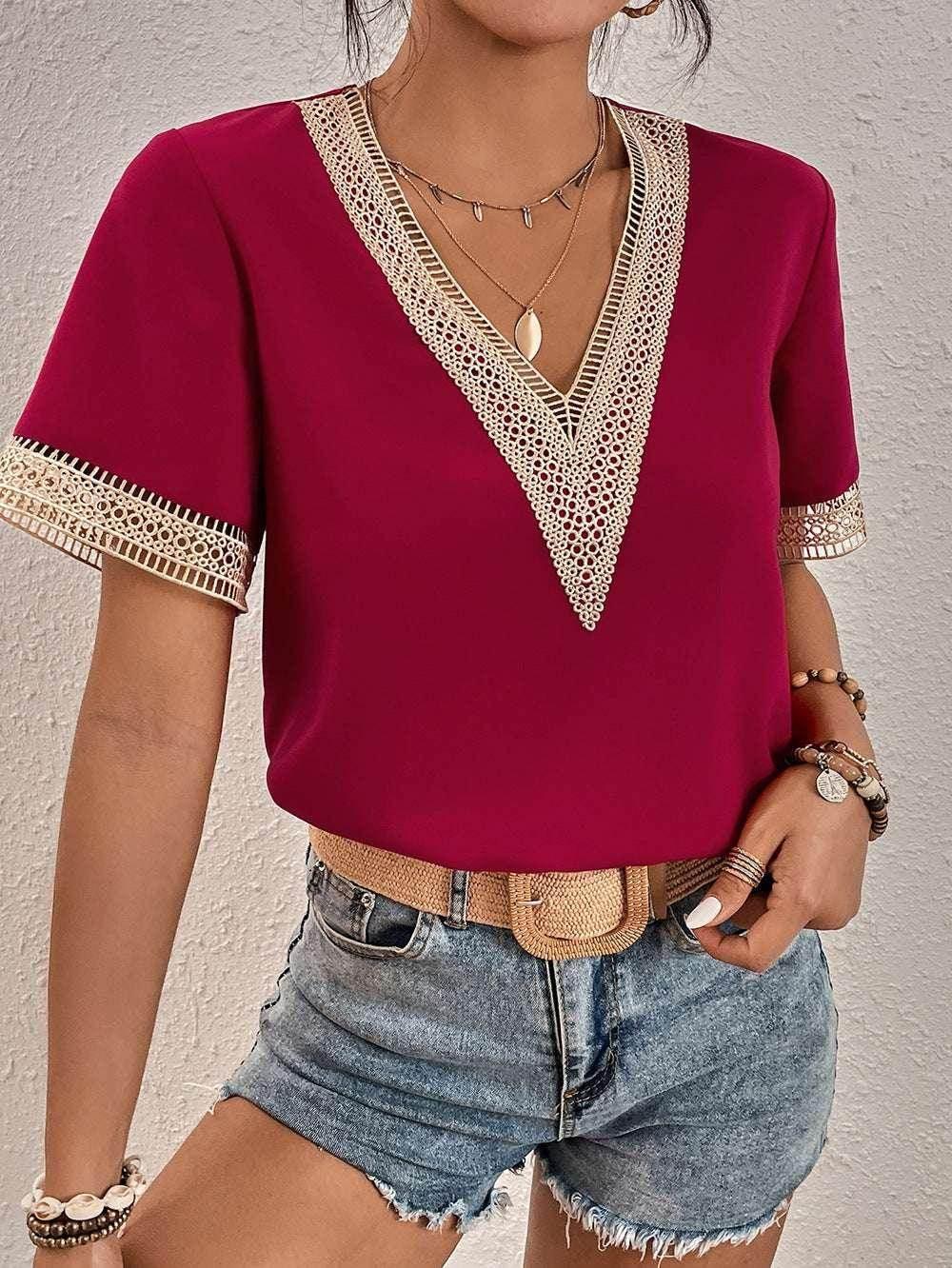 V-Neck Lace Patchwork Loose Commuter Top - ZA-Zola