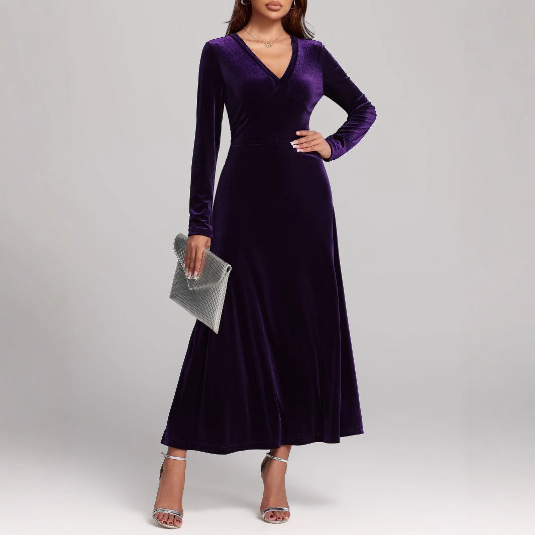 V Neck Velvet Dress | Long Sleeve Velvet Evening Dress 