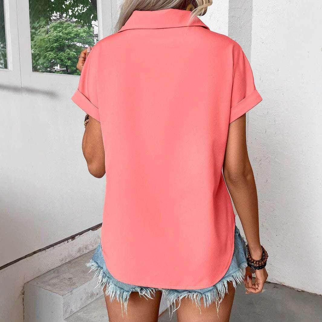Pleated Pocket Lapel Short Sleeve Top for Women - ZA-Zola