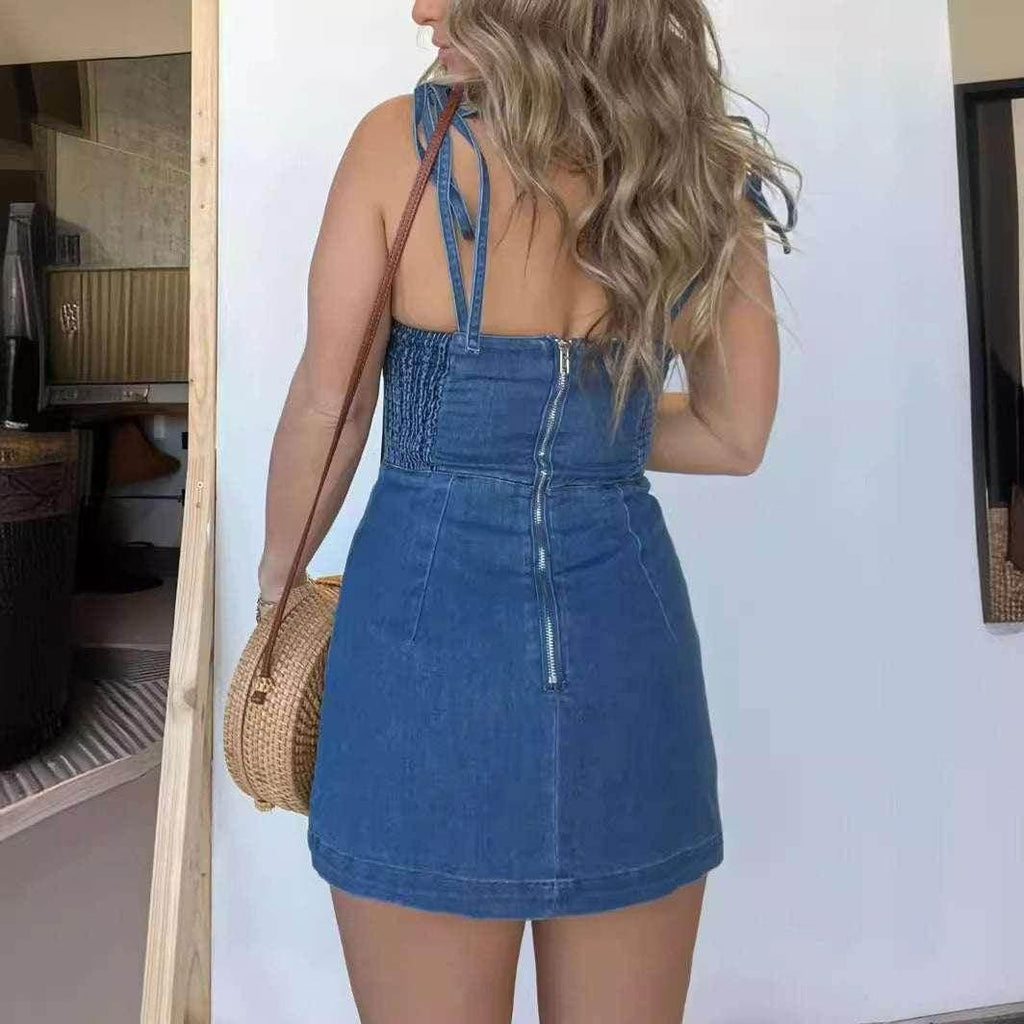 Square Neck Suspender Split Denim Dress - Slim Sling - ZA-Zola