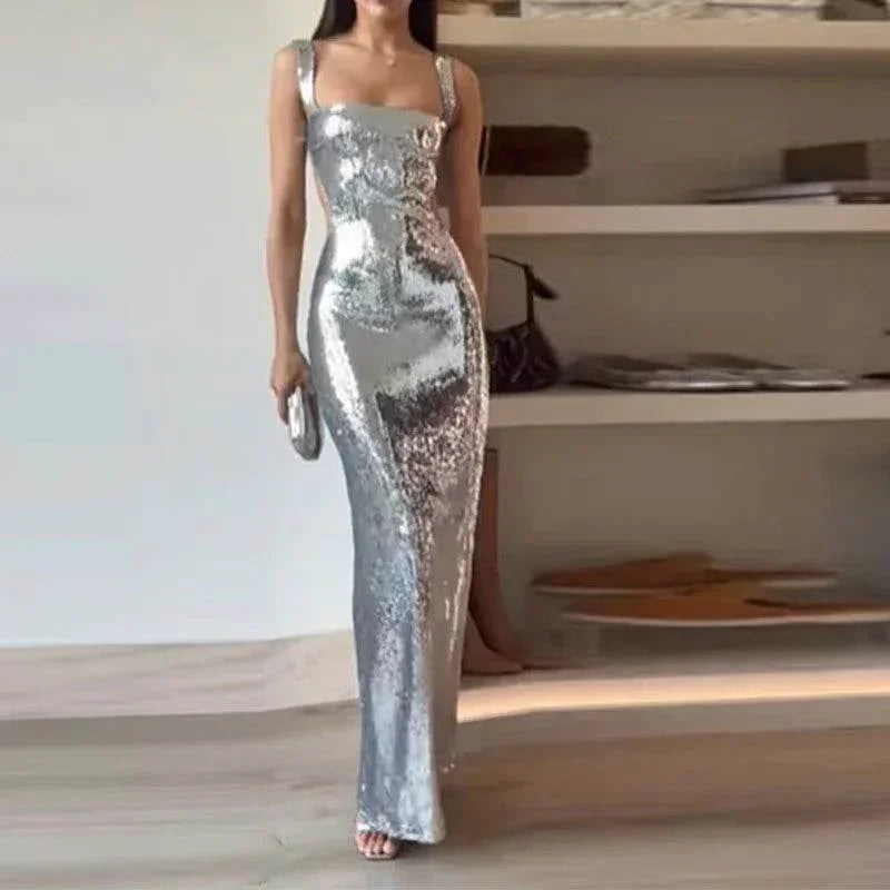 Sequin Sling Square Collar Backless Party Dress - ZA-Zola