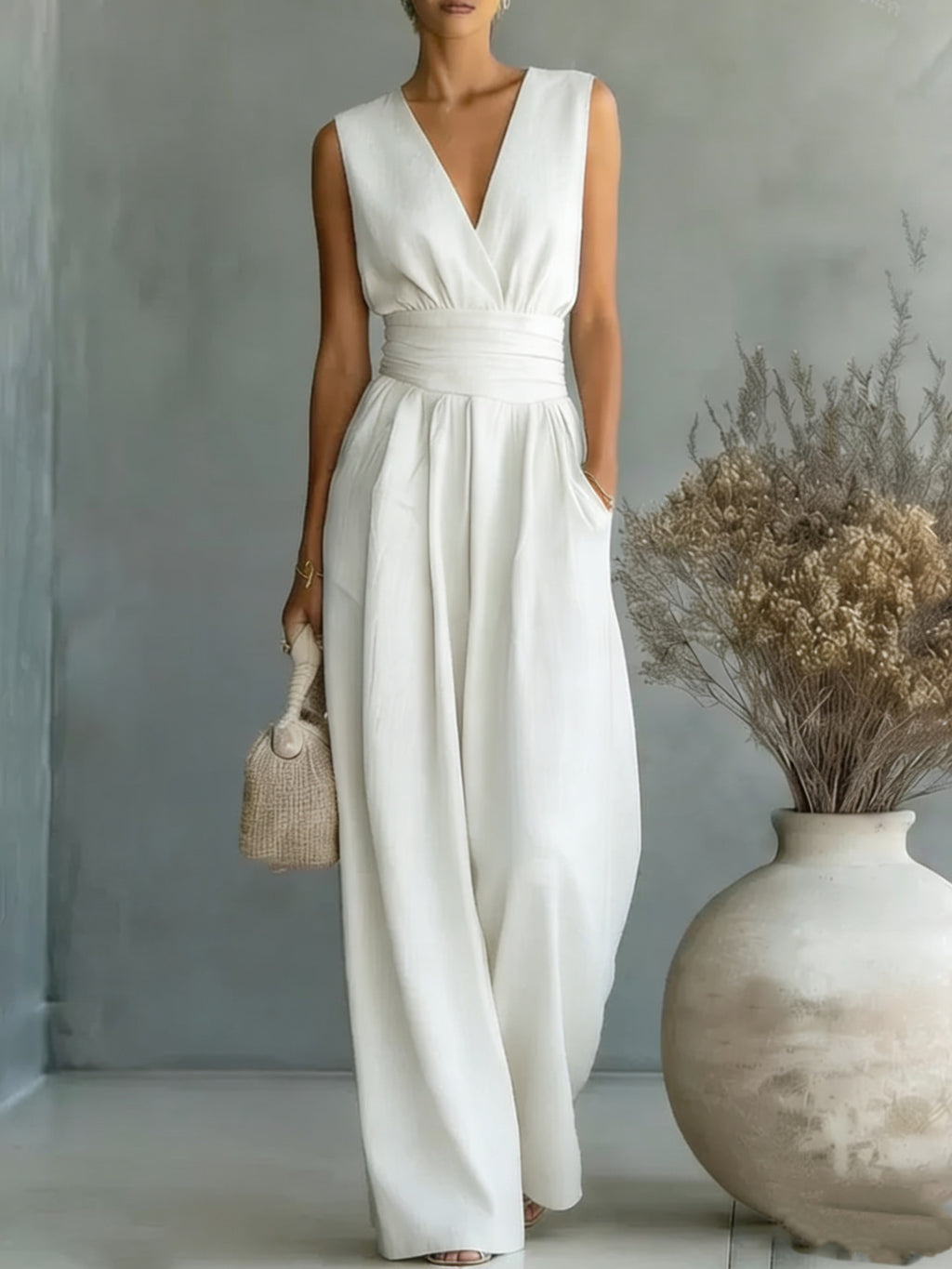 Woman wearing a white sleeveless dress standing in a room with a vase and dried plants.
