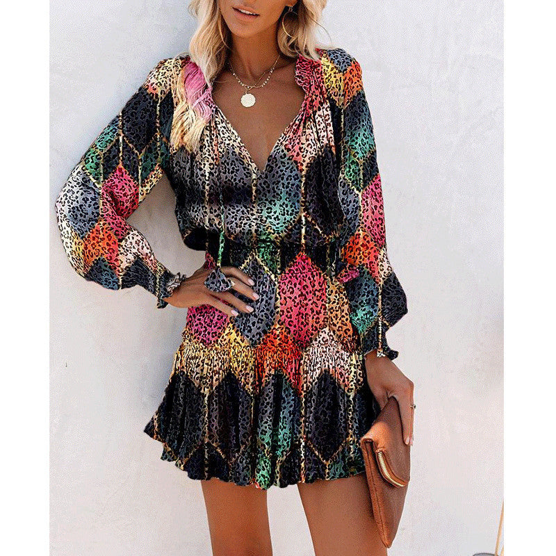 Floral Print Puff Sleeve Long Sleeve Dress – Fashion Patchwork Waist Tie Women's Clothing