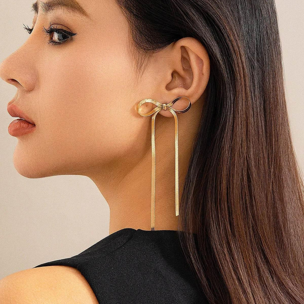 18k Gold Plated Bow Earrings – Hypoallergenic Herringbone Design - ZA-Zola