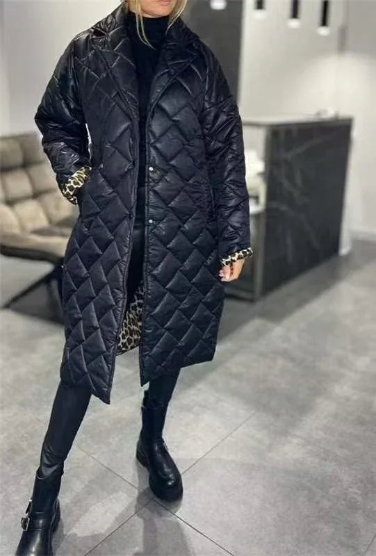 Women Rhombus Stitching Coat – Warm Long Jacket with Lapel & Pockets - ZA-Zola