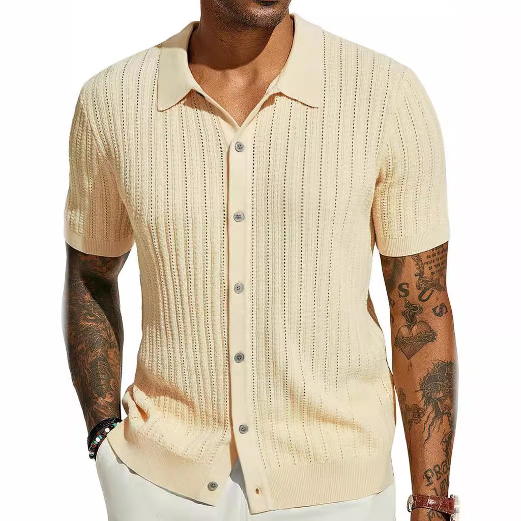 Man wearing a beige short-sleeve knit shirt on a white background