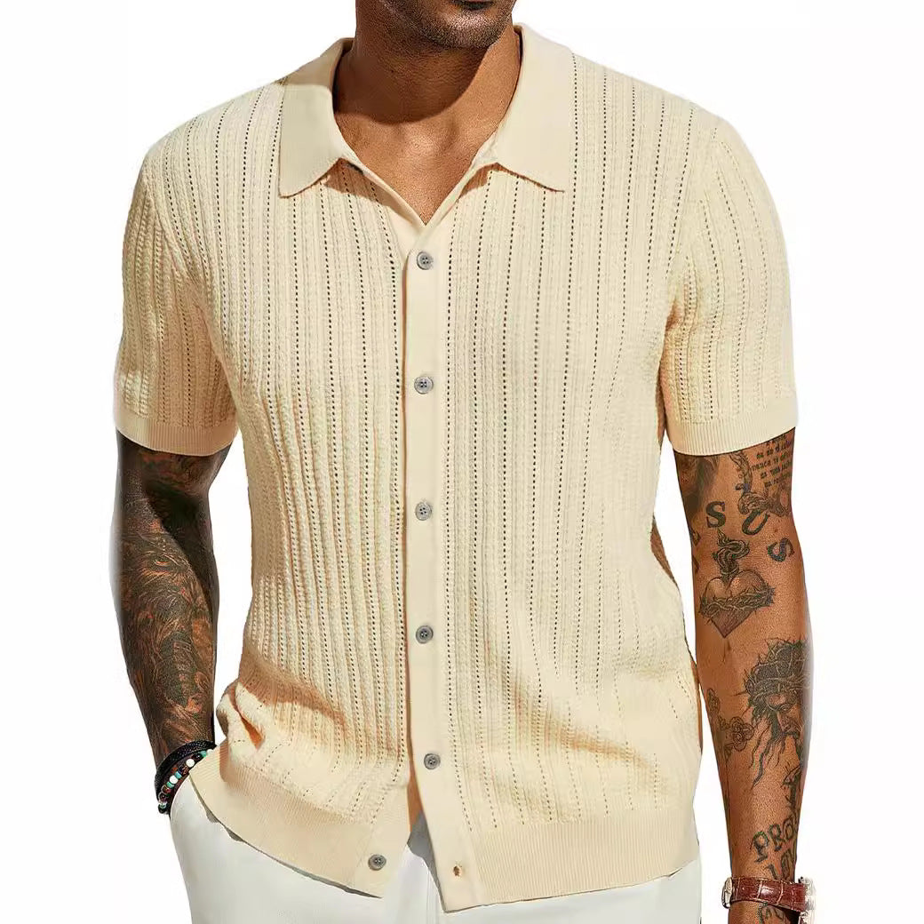 Man wearing a beige short-sleeve knit shirt on a white background