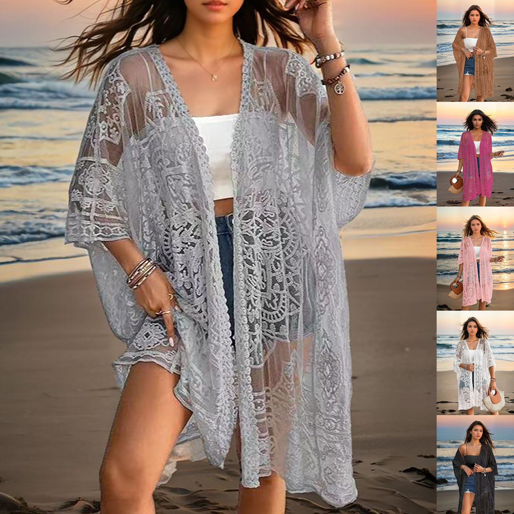 Woman wearing a lace cover-up on a beach with additional images of the same outfit.