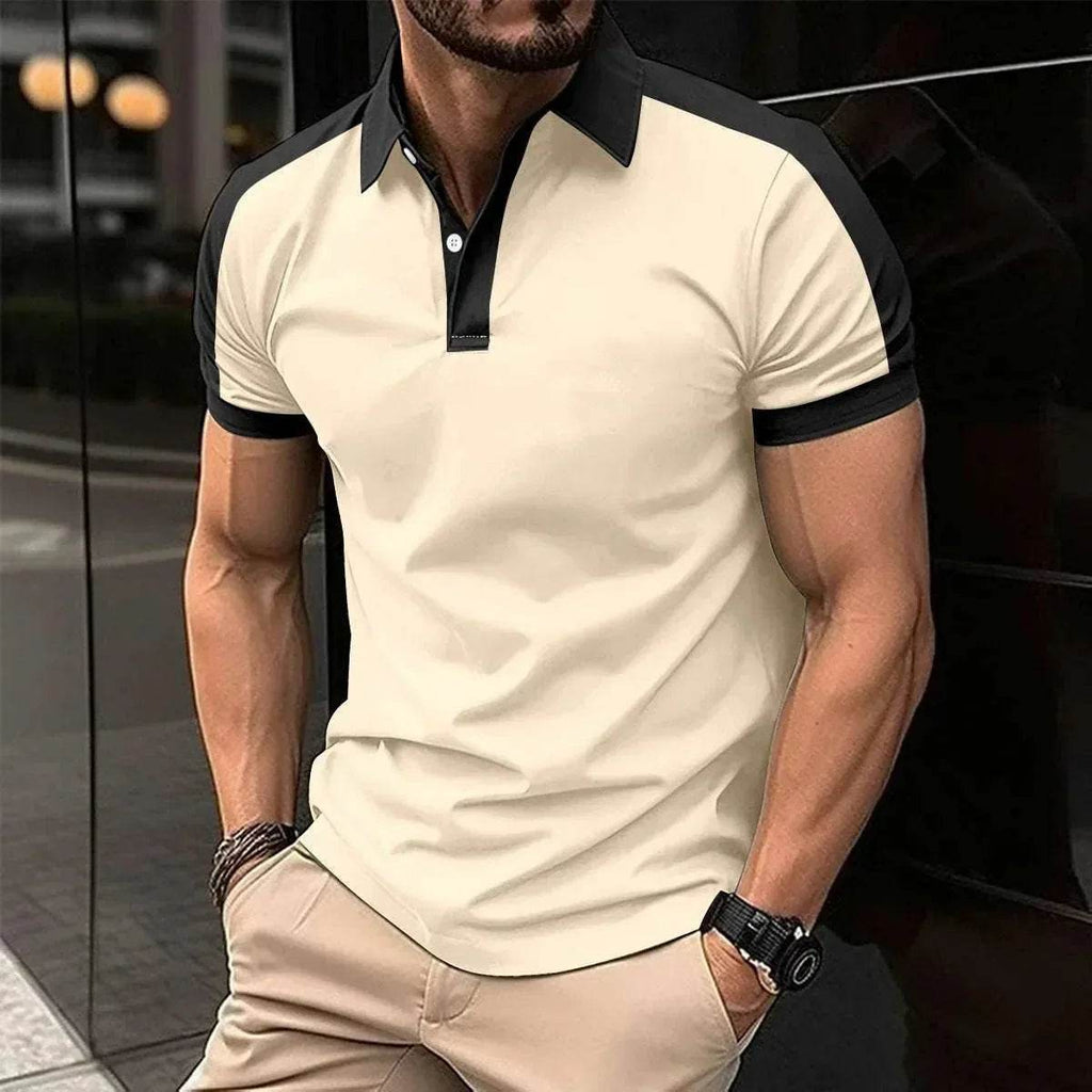 Men’s short sleeve beige and black polo shirt from ZA-Zola, modern street style fashion.