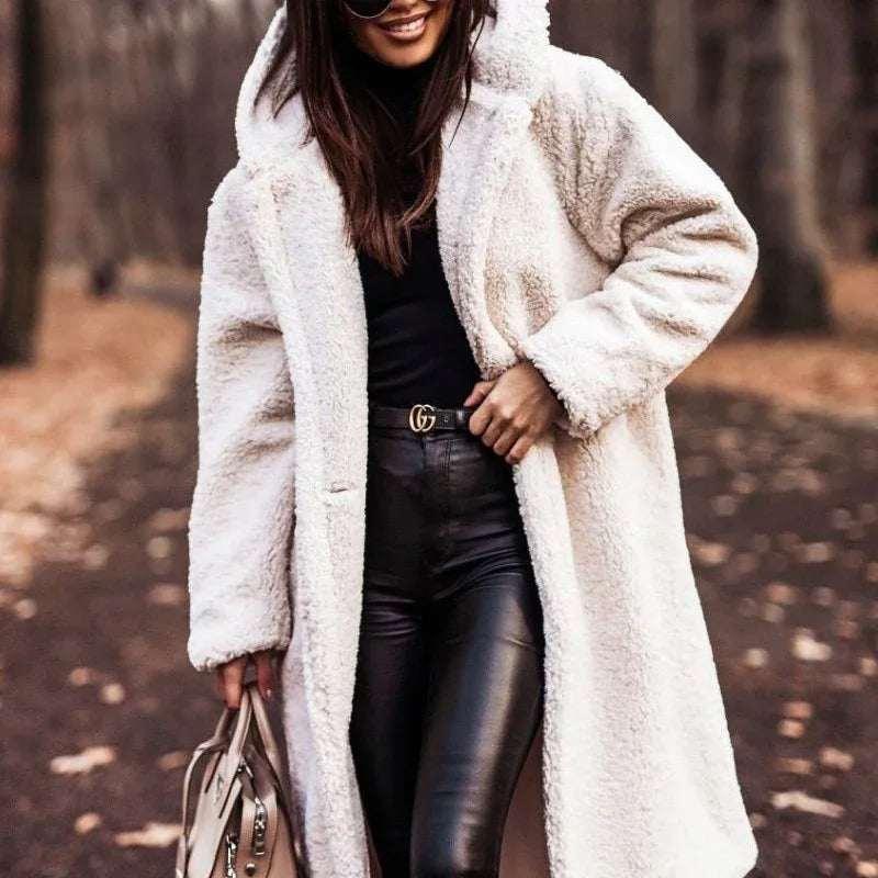 Women Teddy Coat Long Faux Fleece Hooded Winter - ZA-Zola
