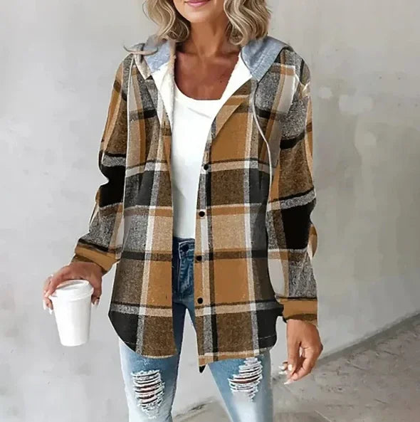 Plaid Hooded Jacket Women Button Pocket Coat - ZA-Zola