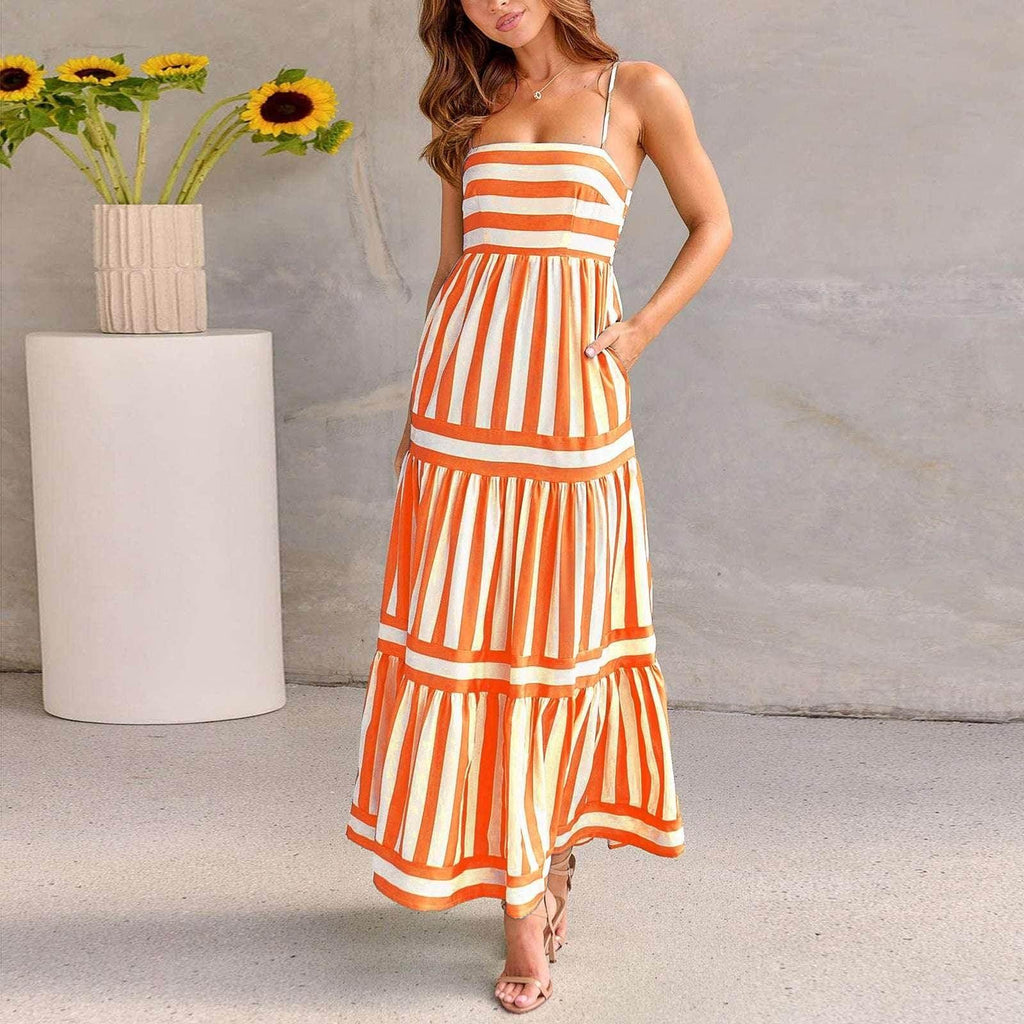 Women's Summer Striped Suspender Backless Dress with Pockets - ZA-Zola