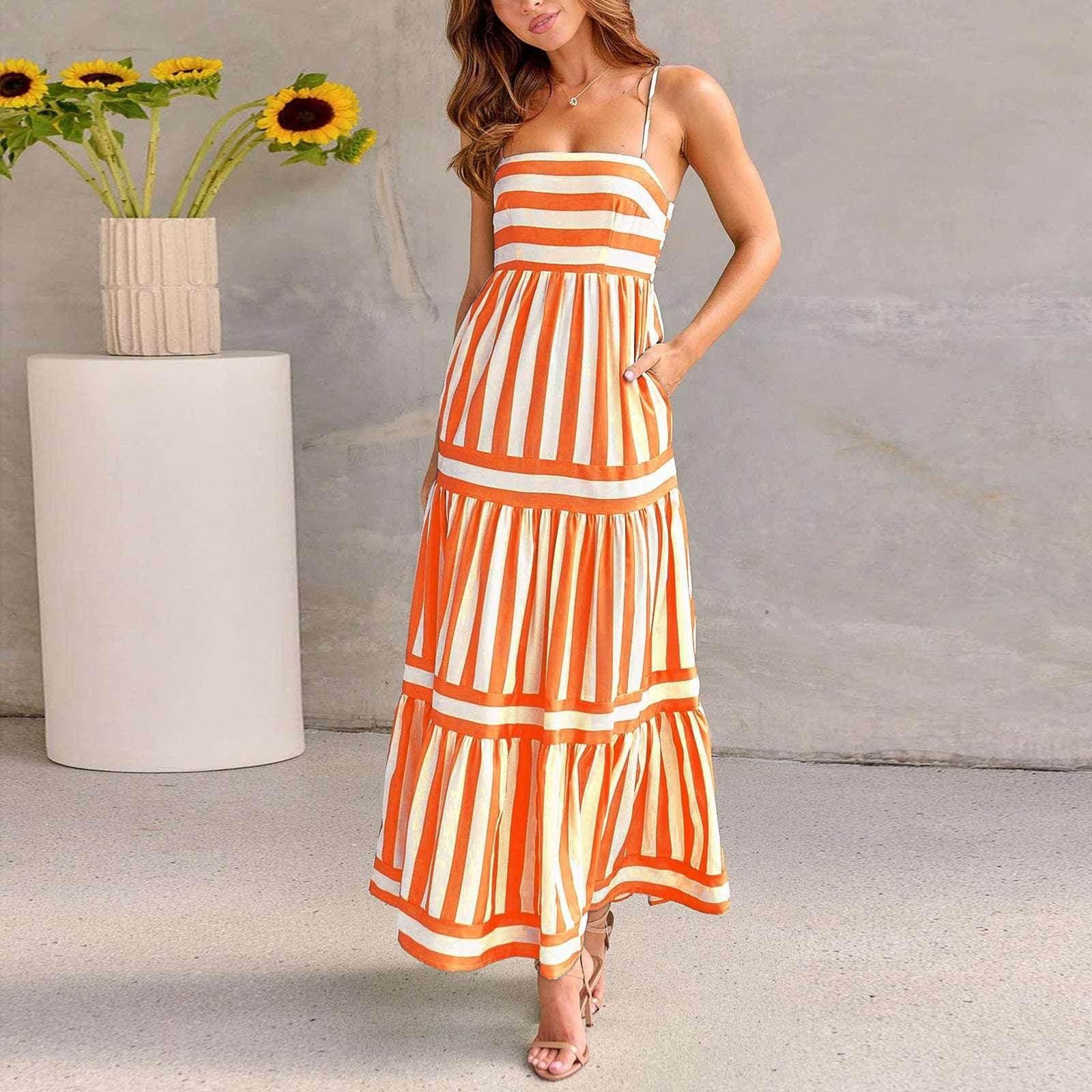 Women's Summer Striped Suspender Backless Dress with Pockets - ZA-Zola