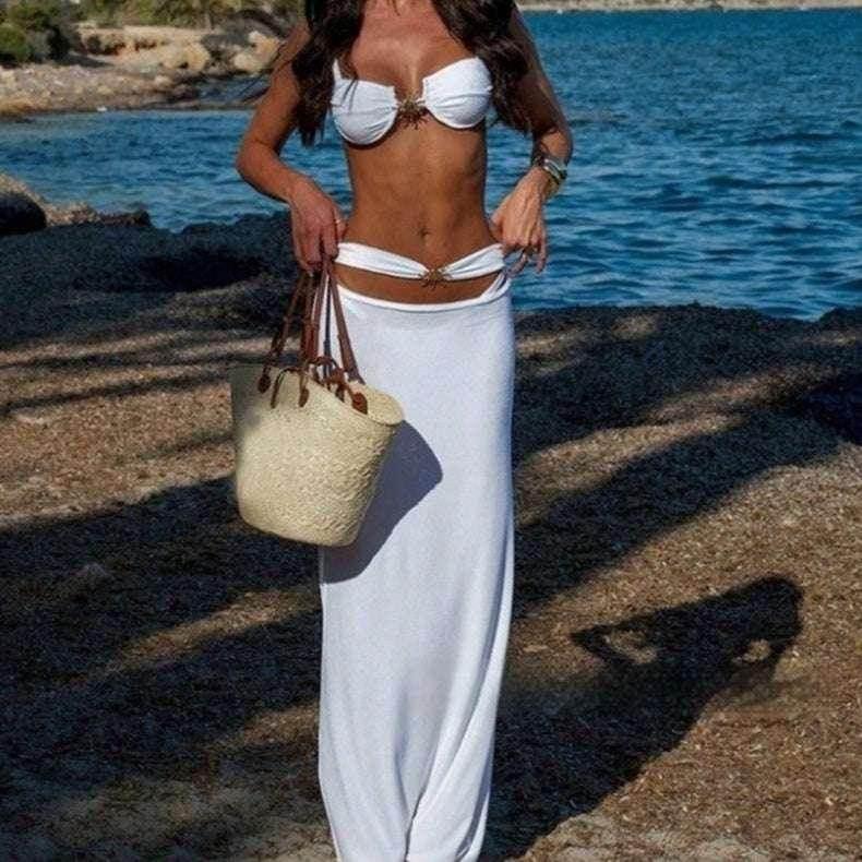White Banded Bikini – 3-Piece Swimsuit with Skirt - ZA-Zola