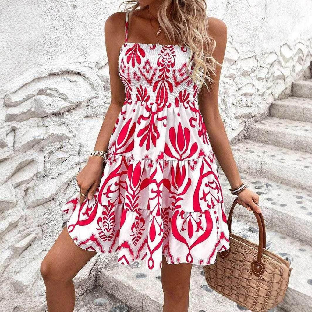 Women's Fashion Plant Print Gathered Cami Dress - ZA-Zola