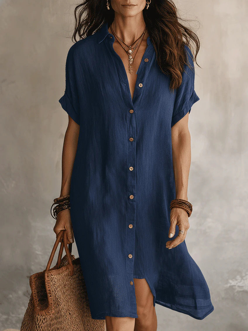 Women's Short Sleeve Buttoned Midi Shirt Dress – Casual Polyester Fashion Dress