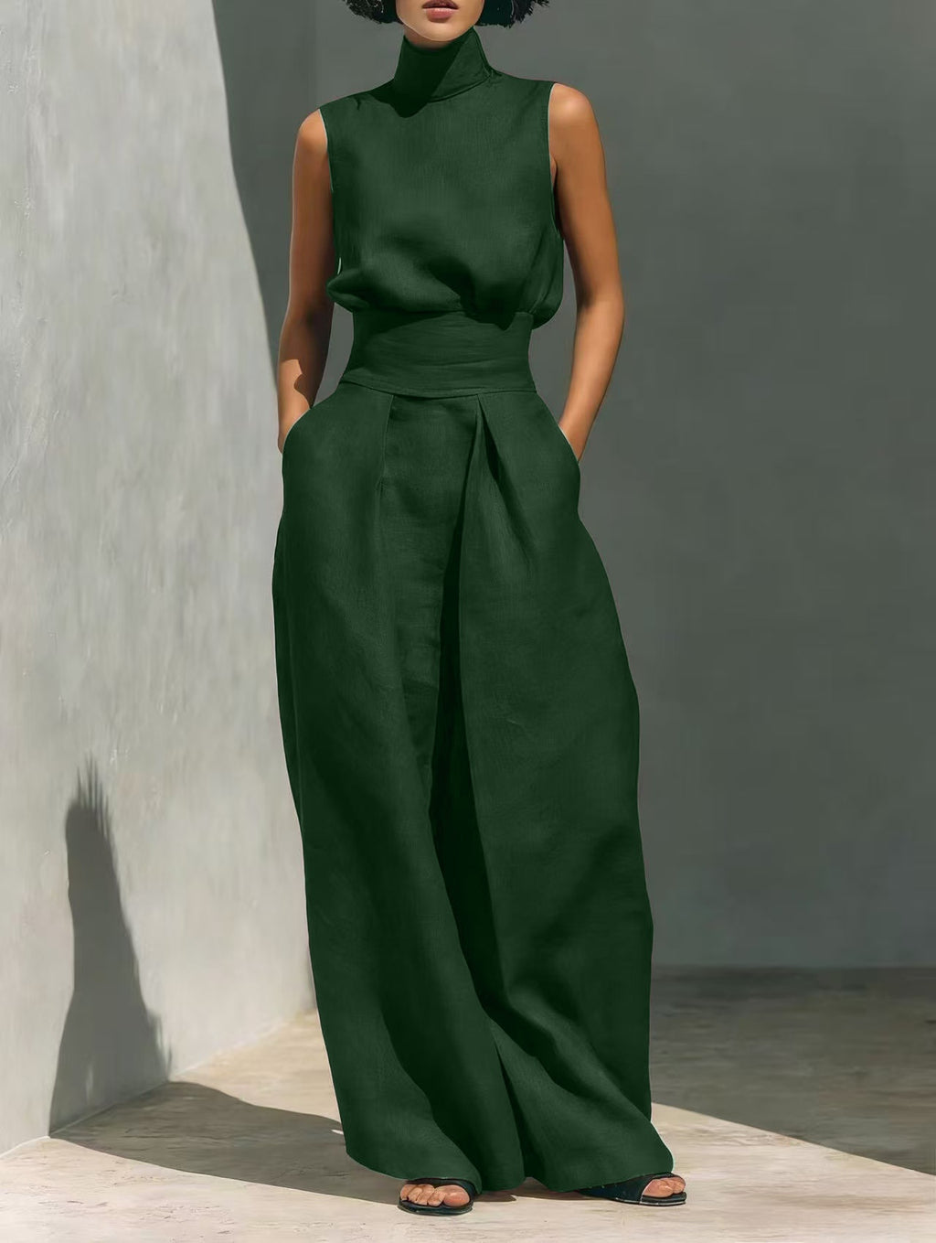 Person wearing a green outfit against a gray background