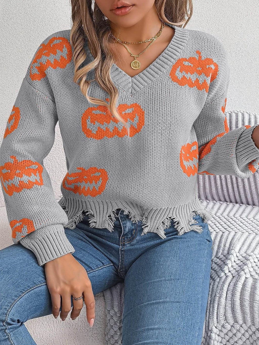 ZA-Zola Halloween Pumpkin Cut Long Sleeve Sweater - ZA-Zola