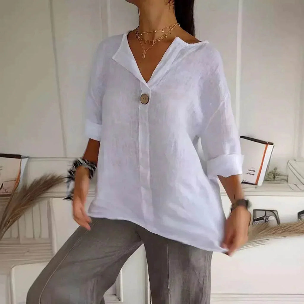 Loose Cotton Linen V-Neck Button Top for Women - ZA-Zola