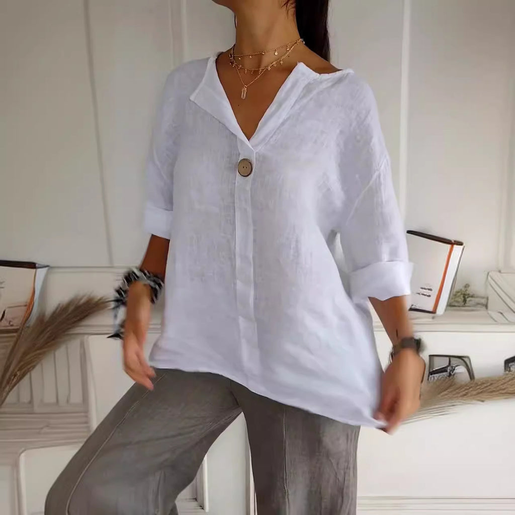 V-Neck Long Sleeve Cotton Linen Button Top Women