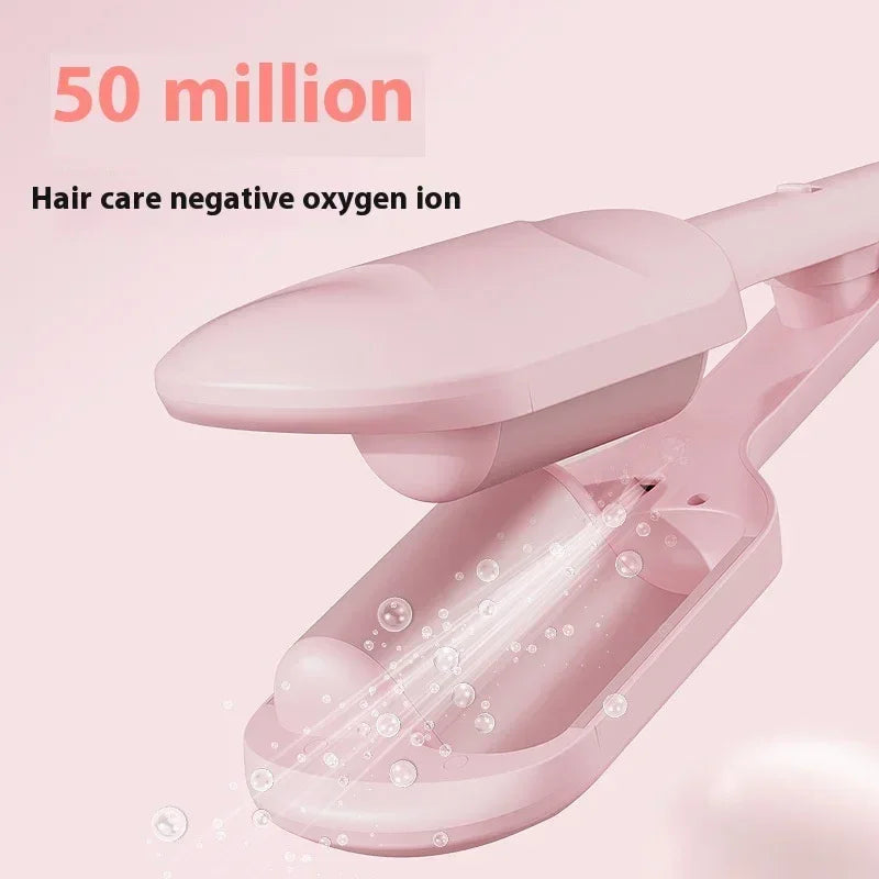 Pink hair care tool with negative oxygen ion technology emitting ions for smooth, healthy hair.