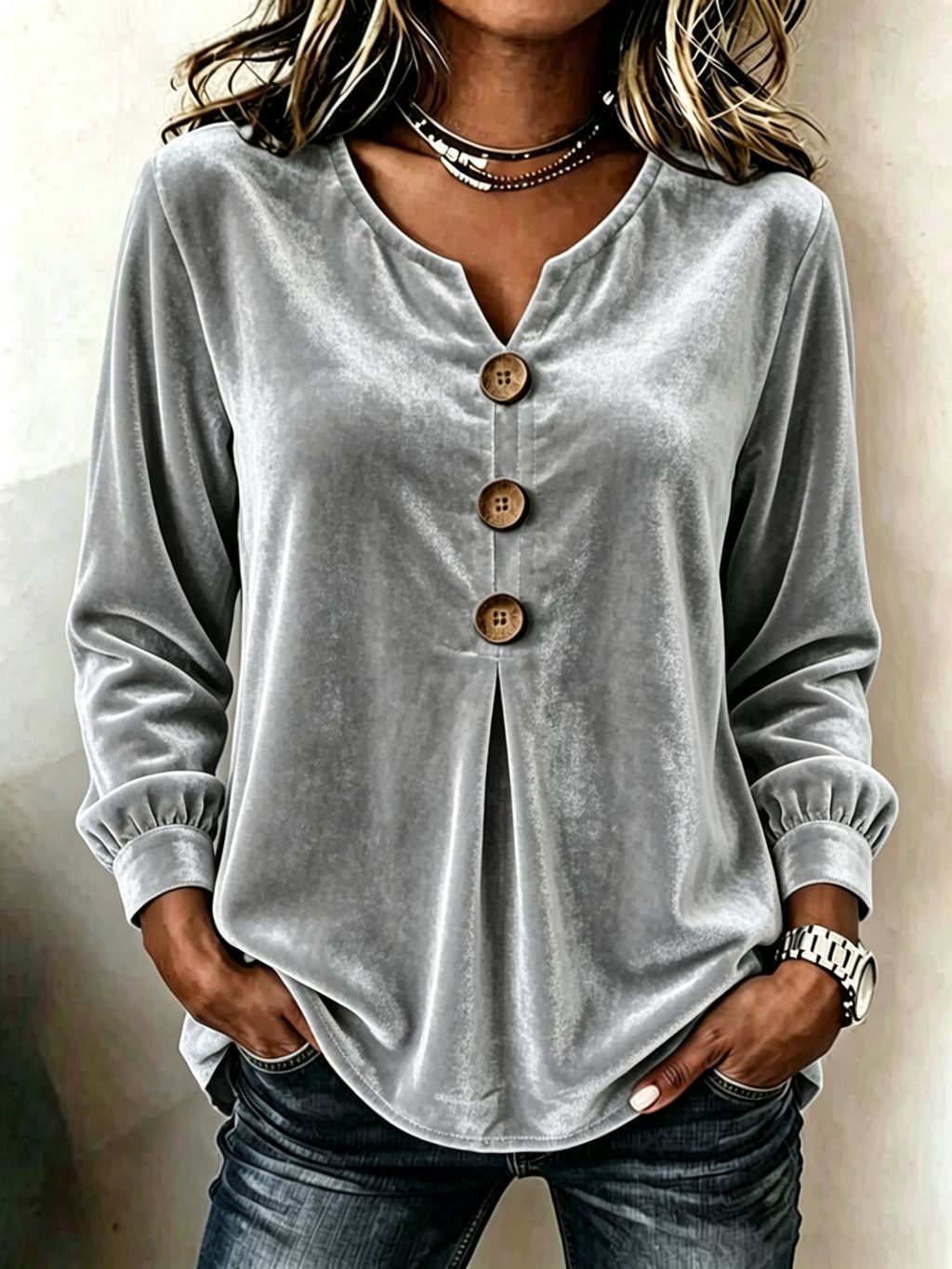 Gray velvet button-up shirt worn by a person with a neutral background