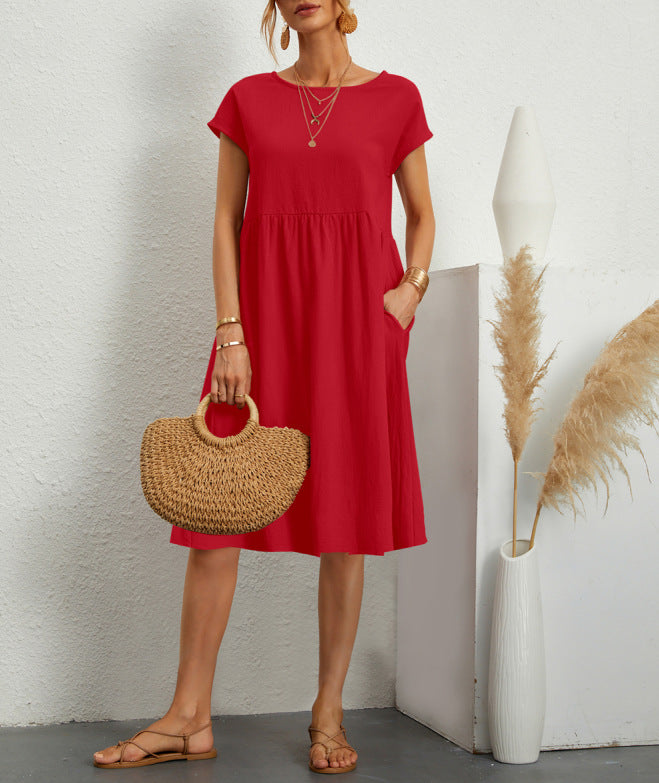 Summer Short Sleeve Round Neck A-Line Dress With Pockets Women Solid Casual Cotton Summer Dress