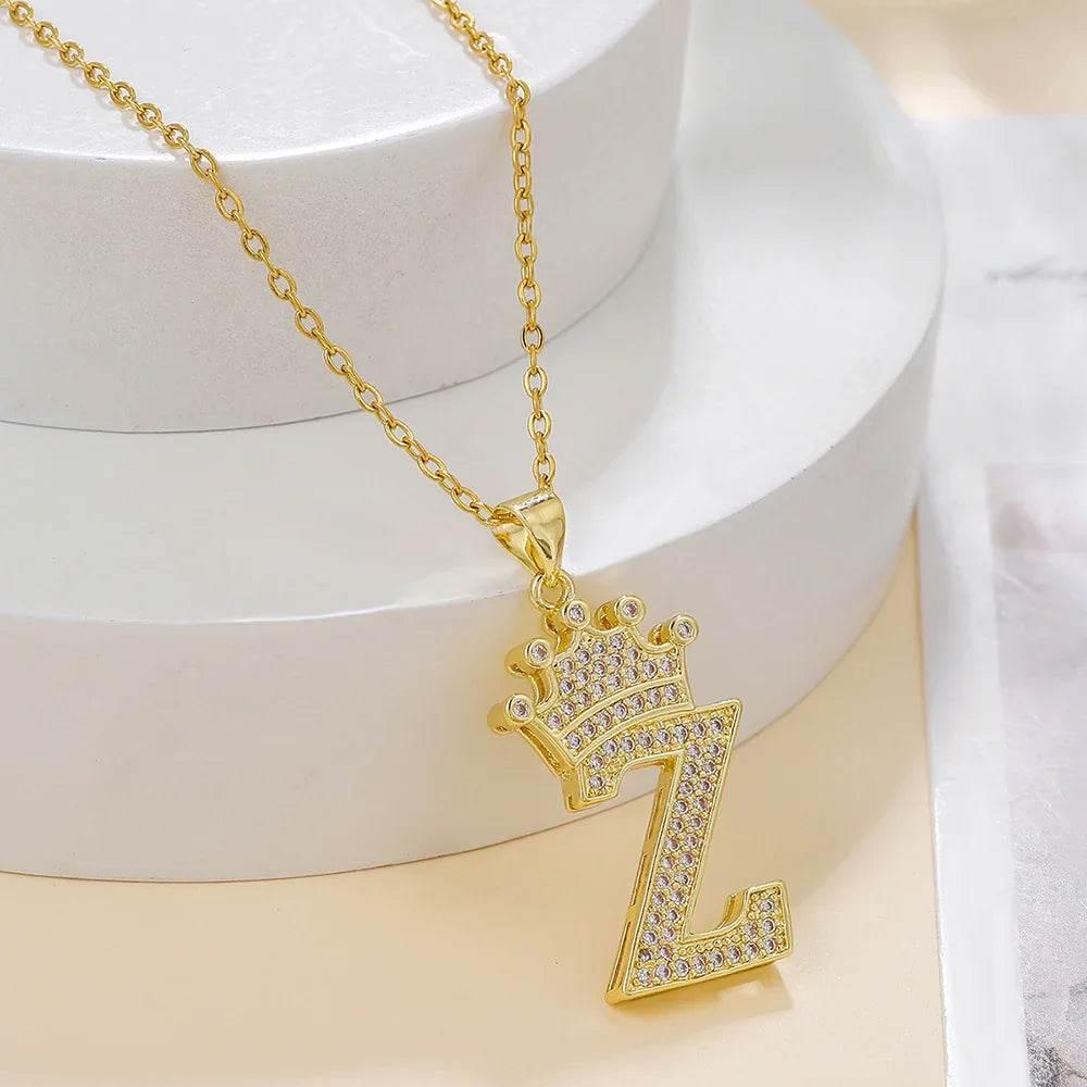 Gold Crown Initial Pendant Necklace for Daily Wear - ZA-Zola