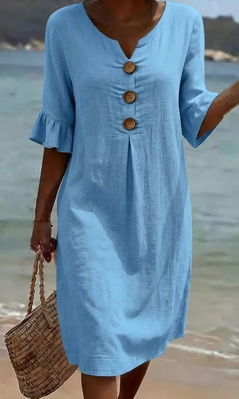 Summer Womens Solid Colored Cotton Dress | Casual A-Line Short Dress for Women