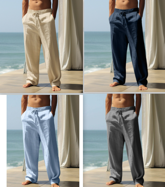 Four-panel collage showing men wearing loose drawstring lounge pants in four colorways: cream, navy, light blue, and gray. Each panel shows the lower half of a person standing barefoot outdoors near the ocean with draped fabric in the background.
