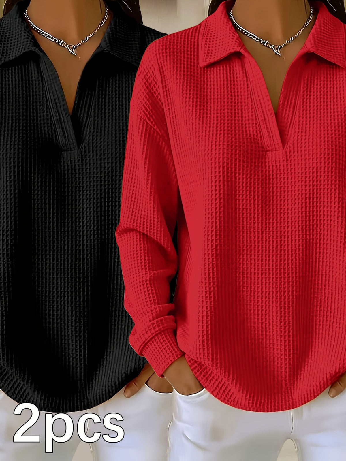 Two women wearing textured waffle-knit collared polo-style shirts, one in black and one in red, with white pants and silver chain necklaces. Large text '2pcs' appears at the bottom left.
