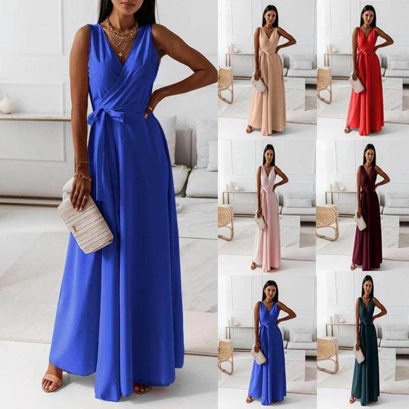 Elegant V-Neck Solid Color Formal Dress – Chic & Classy - ZA-Zola