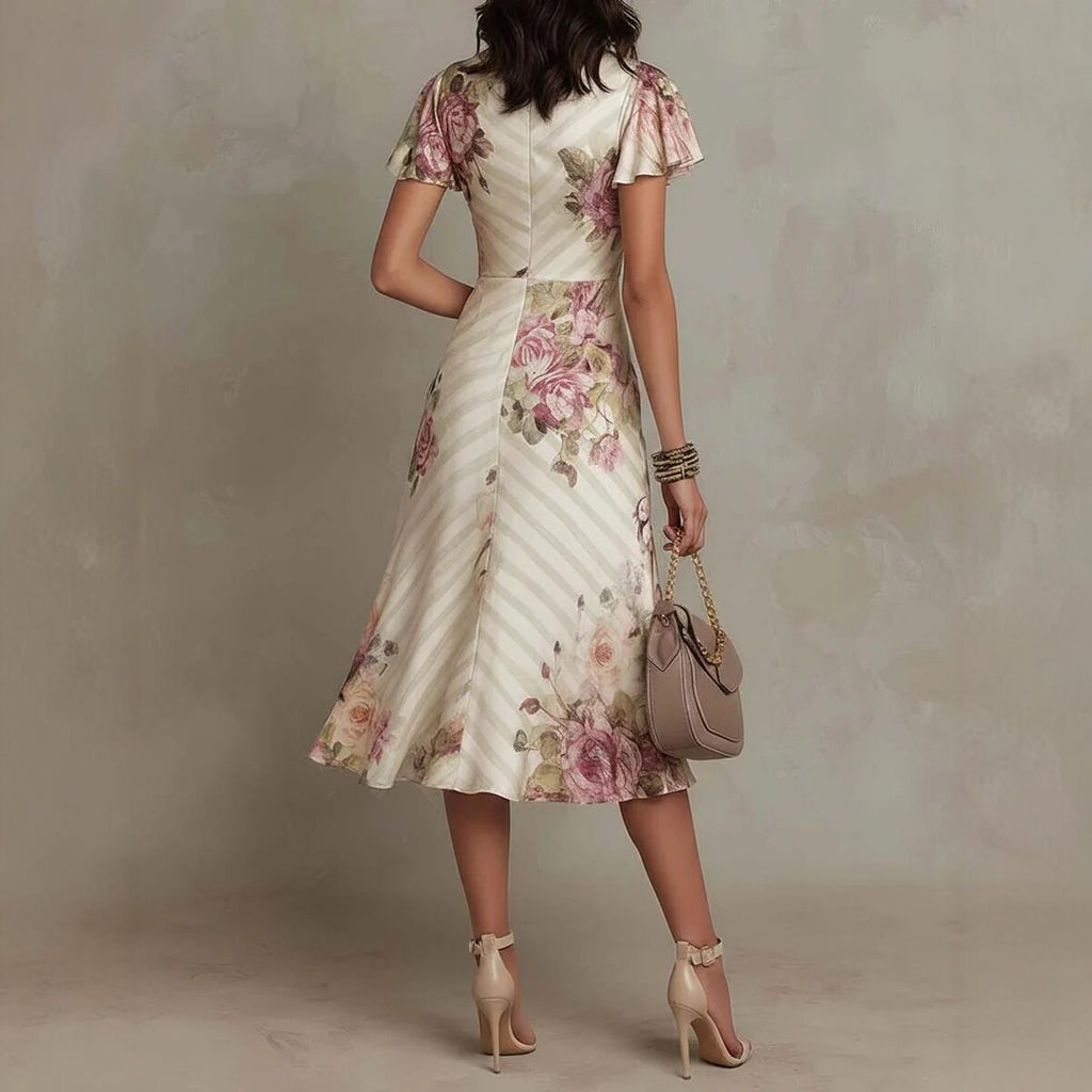 Women's Printed V-Neck Defined Waist Ruffled Hem Maxi Dress
