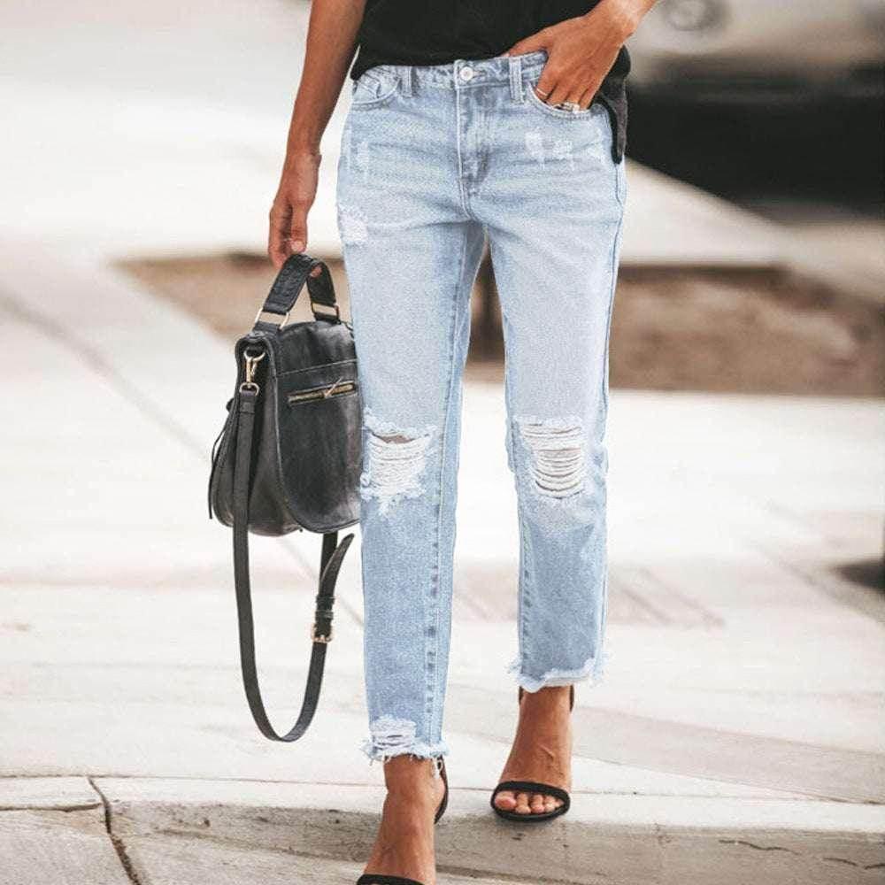 Women's Ripped Retro Straight Jeans - ZA-Zola