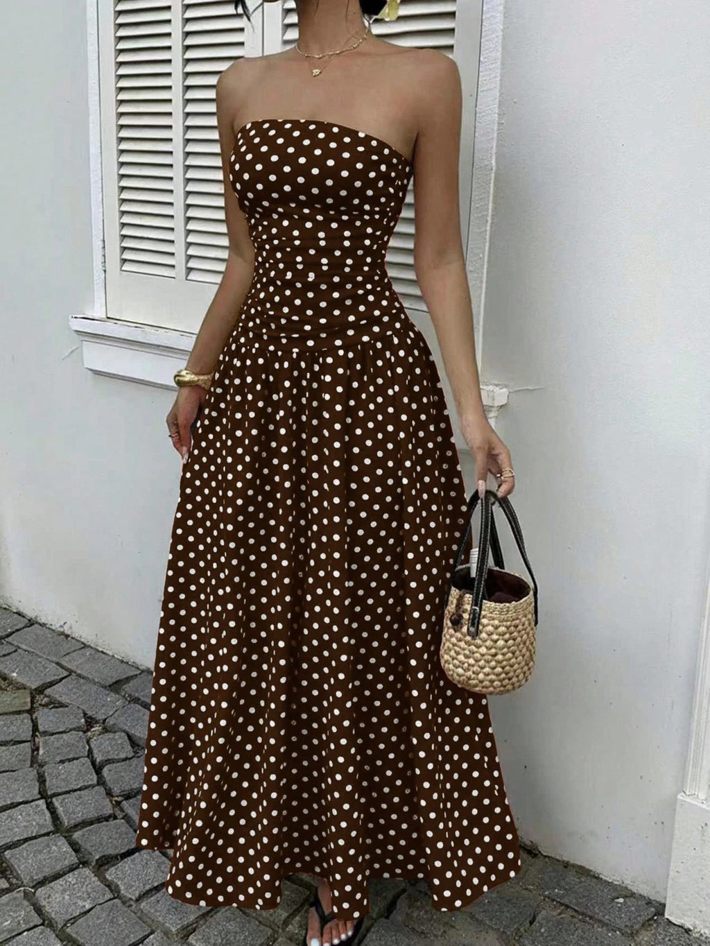brown polka dot dress off the shoulder Elegant Polka Dot Off Shoulder Dress for Women – ZA-Zola