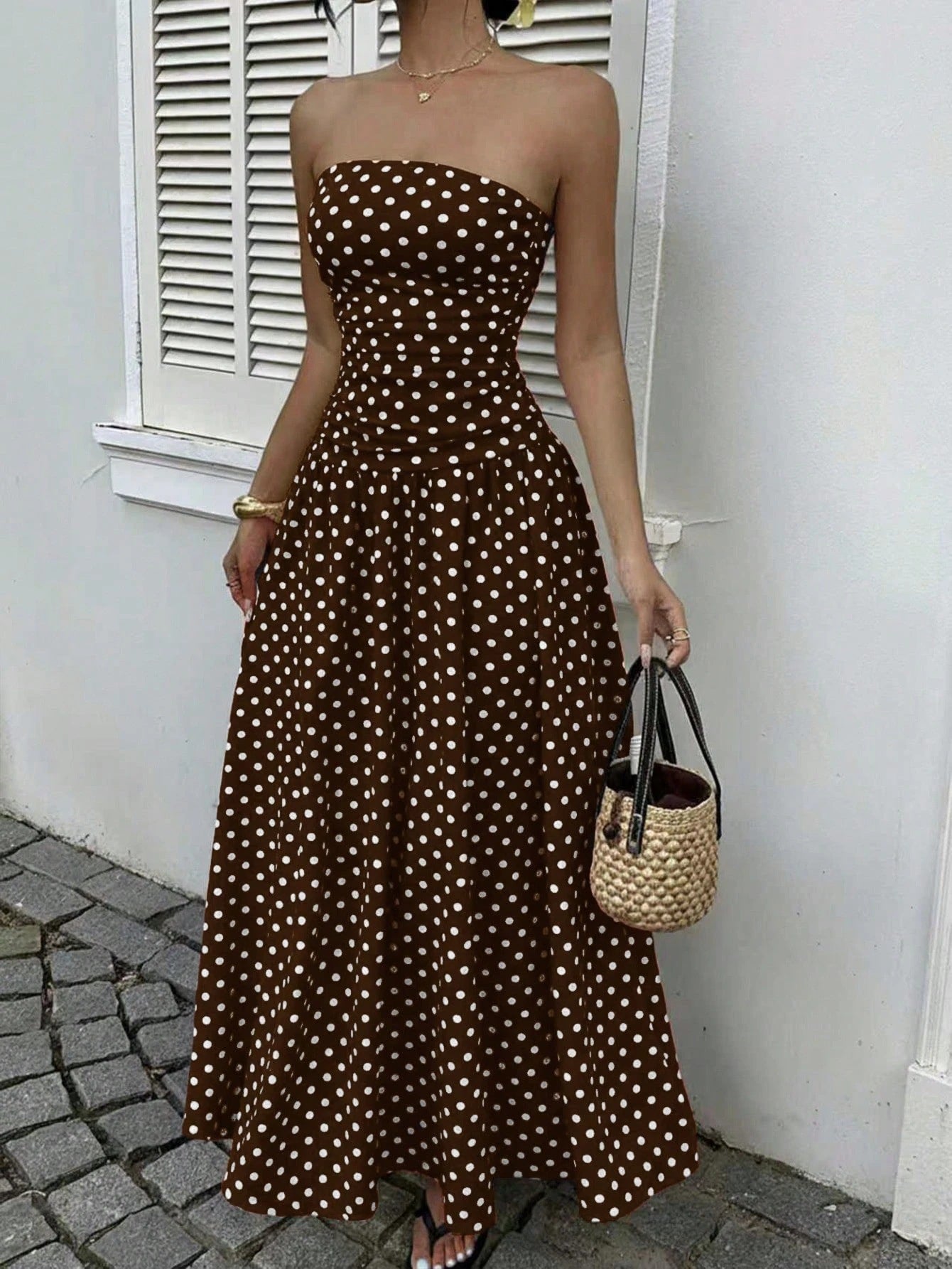 Elegant Polka Dot Off Shoulder Dress – Strapless High Waist Party Outfit