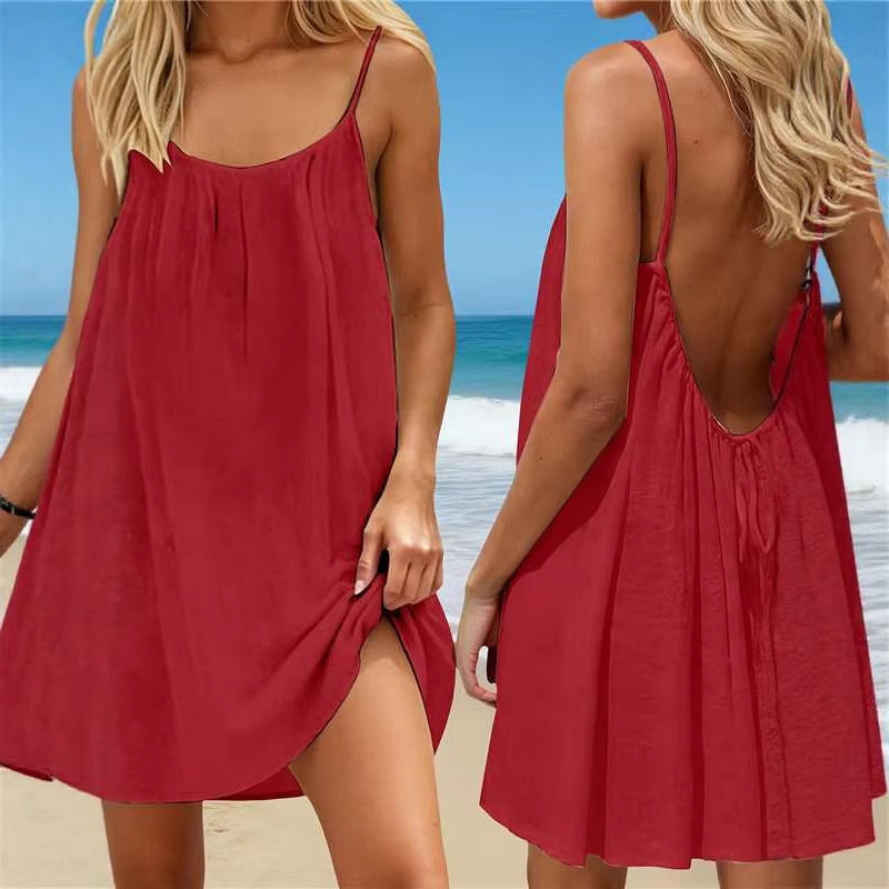 Women's Strap Short Skirt Beach Vacation Dress – Loose Solid Sundress