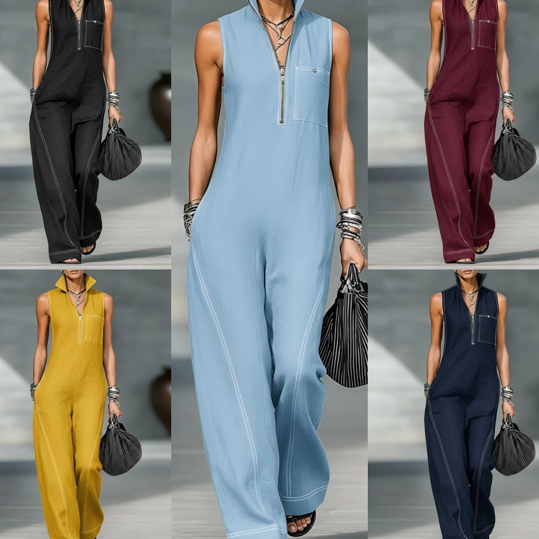 Stand-Up Collar Jumpsuit With Pockets – Casual Sleeveless Wide Leg Summer Women Outfit