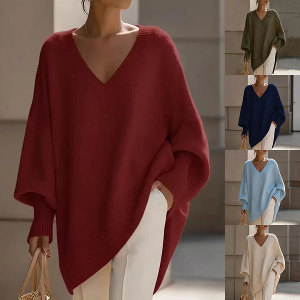 A woman models a loose, oversized V-neck knit sweater in burgundy, with four smaller side thumbnails showing the same sweater in olive green, navy blue, light blue, and cream.