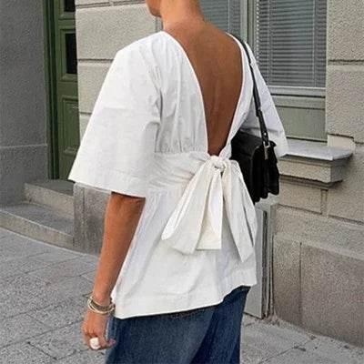 Backless Tied Bat Sleeve Summer T-Shirt - ZA-Zola