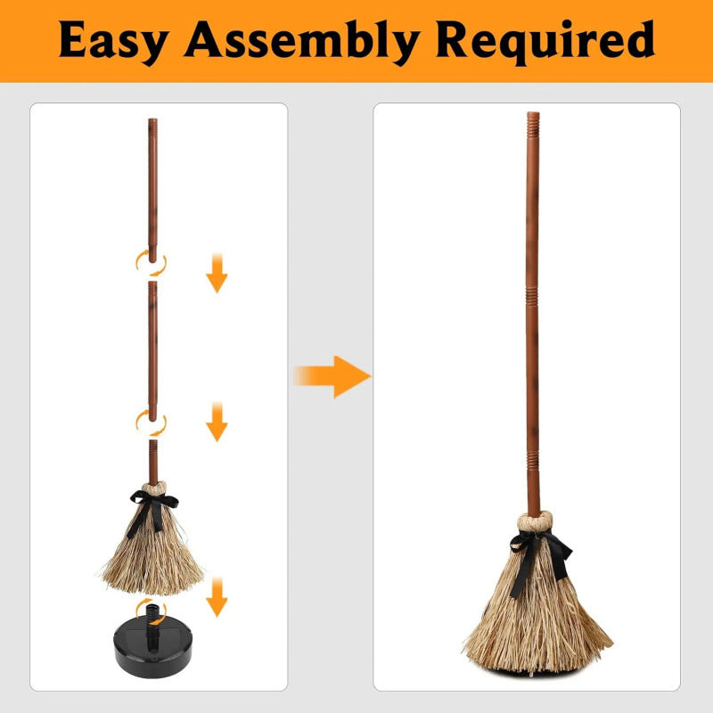 Instructional diagram showing how to assemble a broom with arrows and text indicating 'Easy Assembly Required'.