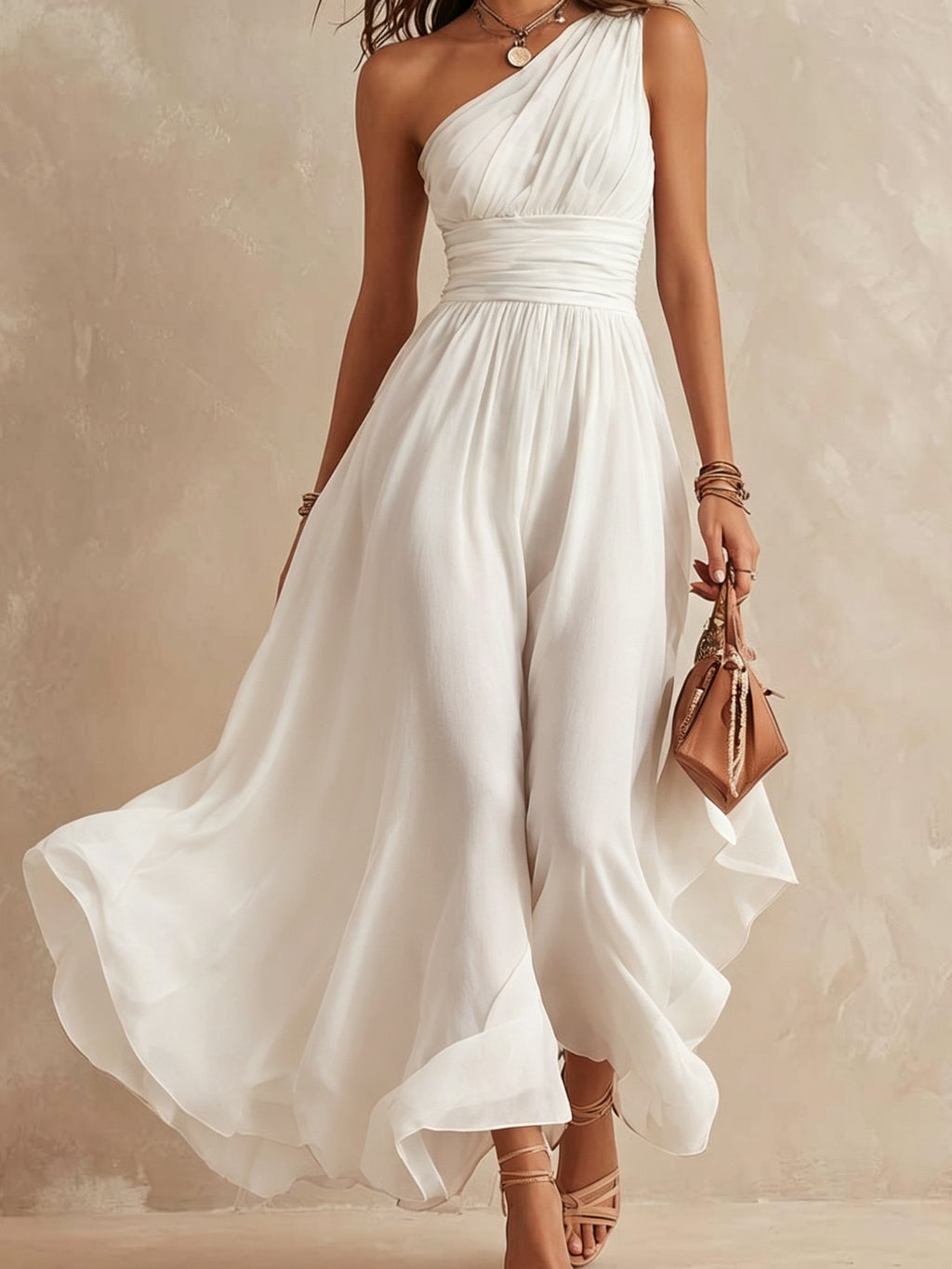 A woman wearing a flowing one-shoulder white maxi dress with a gathered waist and flowing skirt, holding a small brown handbag against a textured beige studio backdrop.