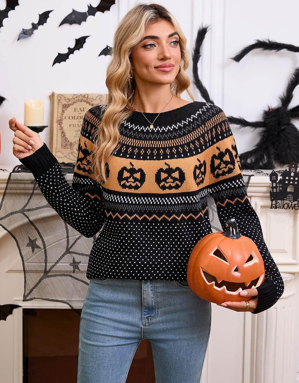 ZA-Zola Halloween Pumpkin Embroidered Sweater - ZA-Zola