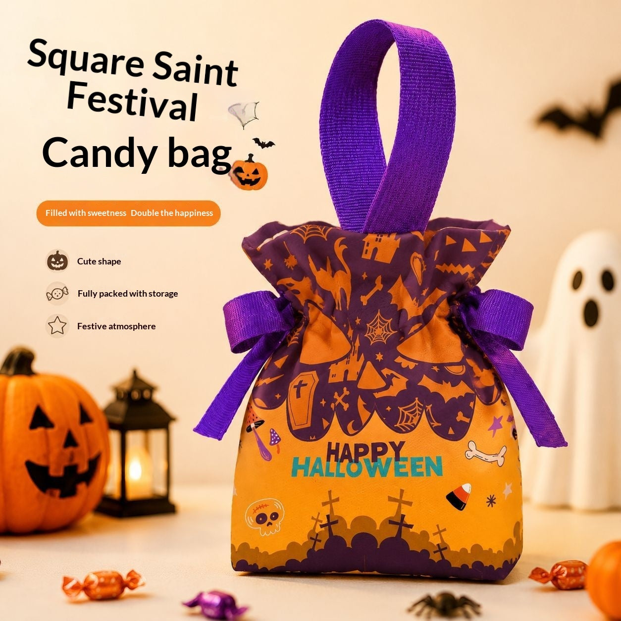 Square Halloween candy bag with a purple ribbon handle and bow, decorated with orange and purple spooky graphics and the words 'Happy Halloween.' The bag is shown on a tabletop with pumpkins, candy, a ghost, and Halloween-themed text in the background.